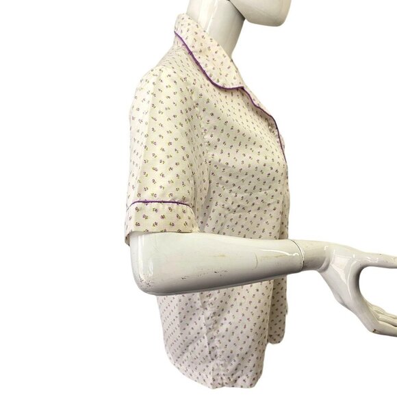 60s Damea Sleep Shirt White Purple Ditsy Floral Short Sleeve Button Up Womens 34 - Picture 8 of 10